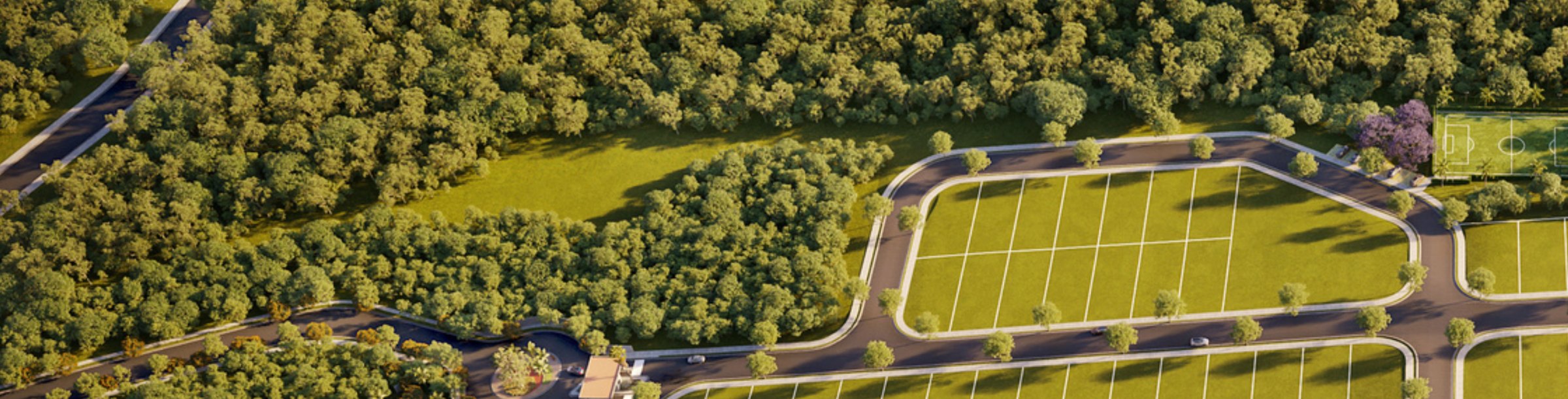Render aéreo das quadras de lotes do Évora, com ruas arborizadas e mata no entorno