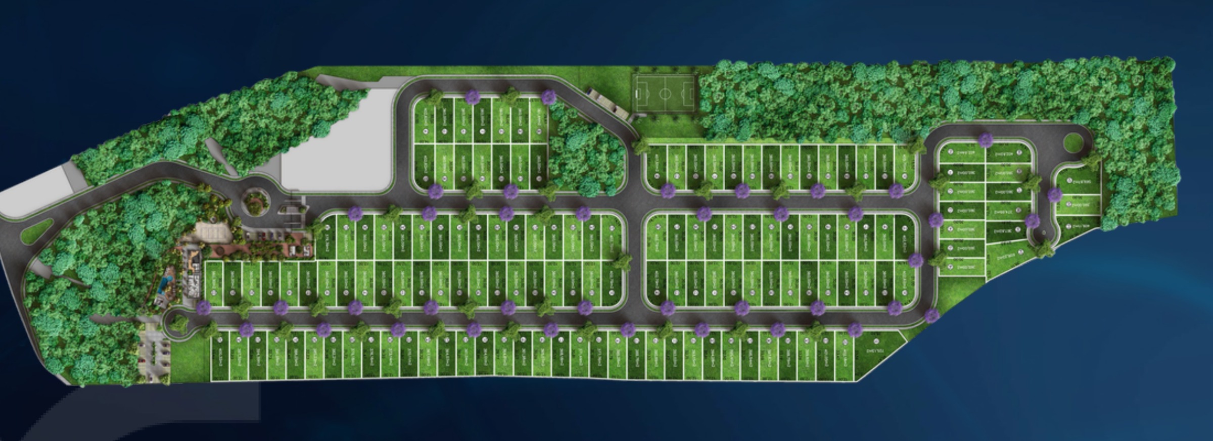 Planta de implantação do Residencial Évora com as quadras de lotes, o clube e a área verde preservada