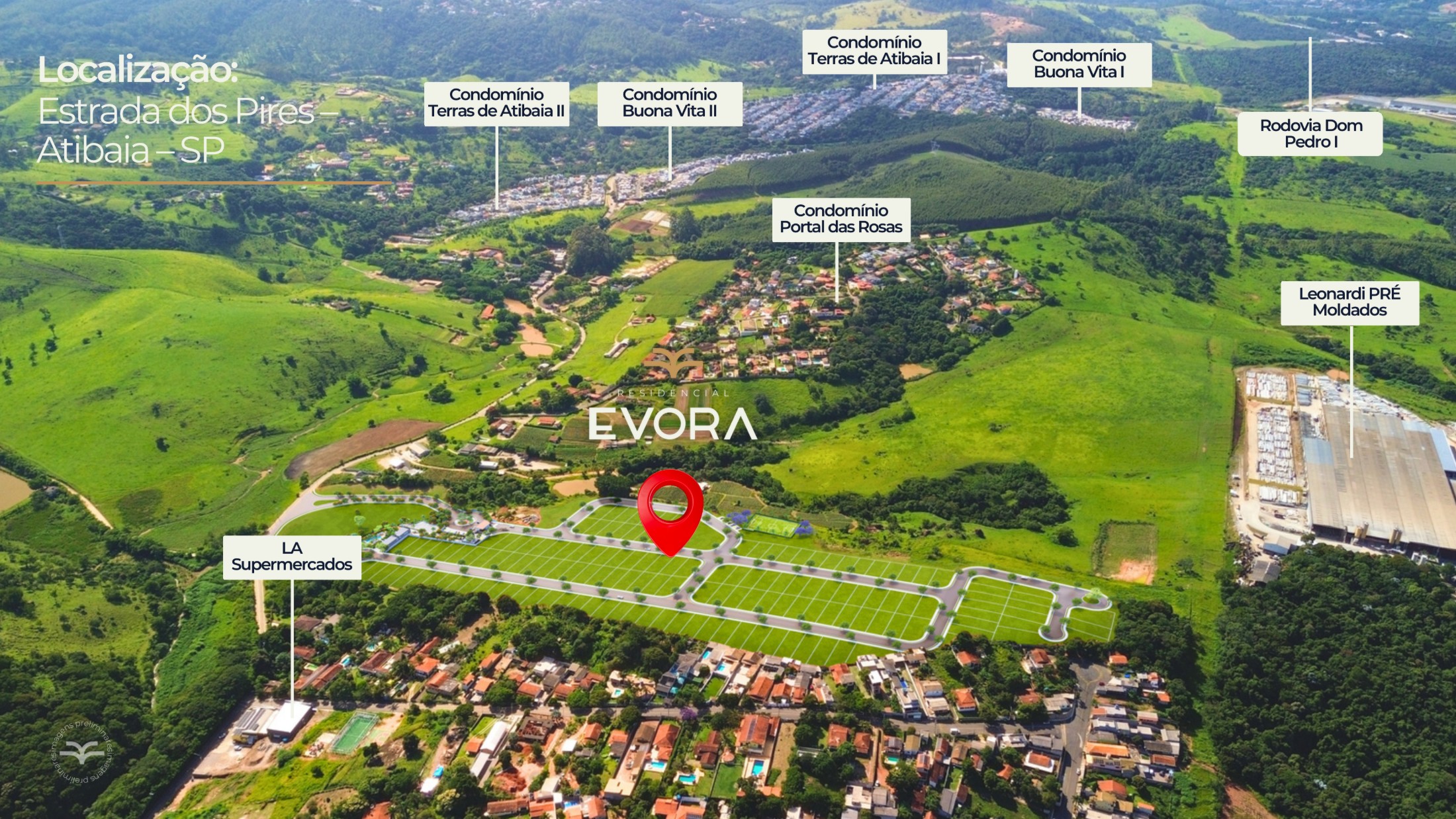 Vista aérea da região da Estrada dos Pires com a localização do Residencial Évora e os condomínios vizinhos